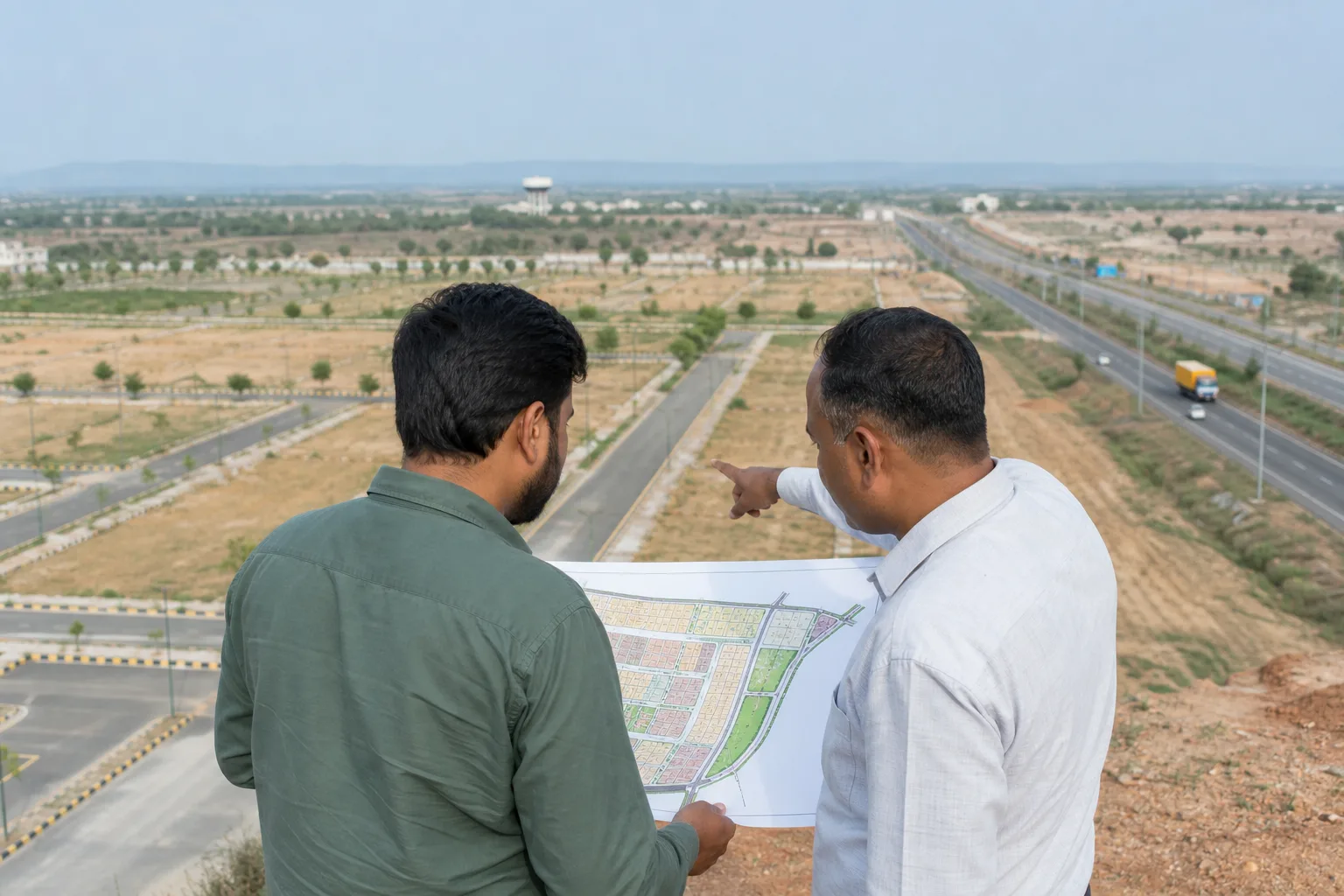 Illustration: two men seen from behind on raised ground above a plotted township, one pointing across the layout while they hold a colour layout map, with surfaced internal roads, kerb markings, young trees, vacant plots and a highway carrying a truck on the right