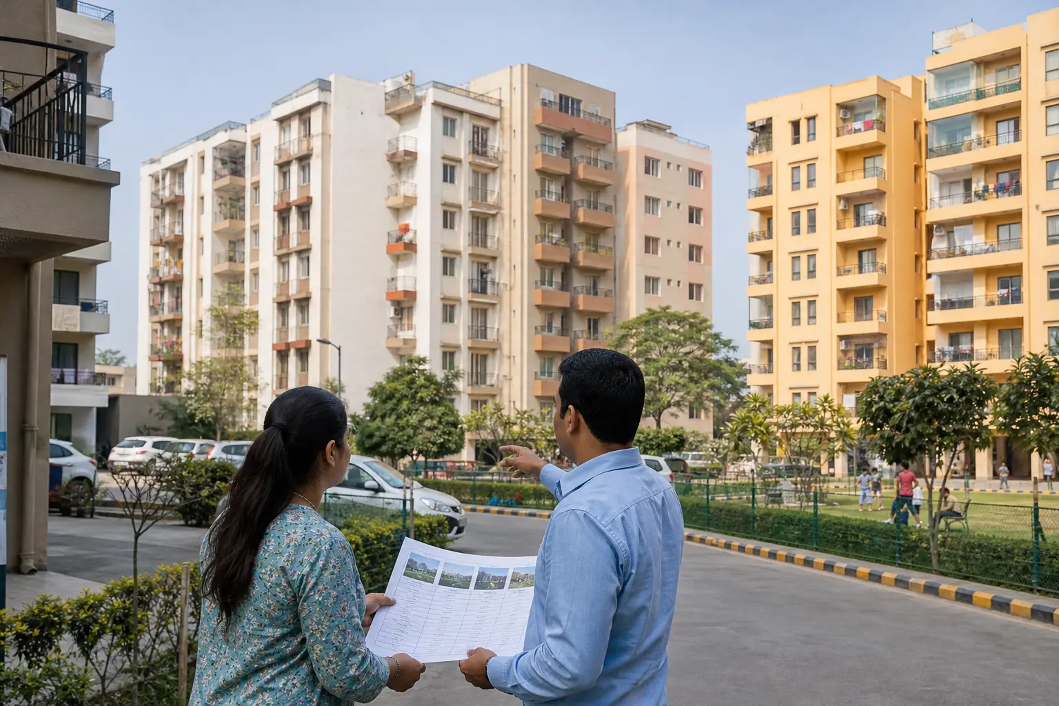 Illustration: two people seen from behind on an internal society road, holding a printed comparison sheet of small photographs and rows of figures, with occupied cream and yellow mid-rise apartment blocks on both sides, parked cars, clipped hedges and a lawn where children are playing