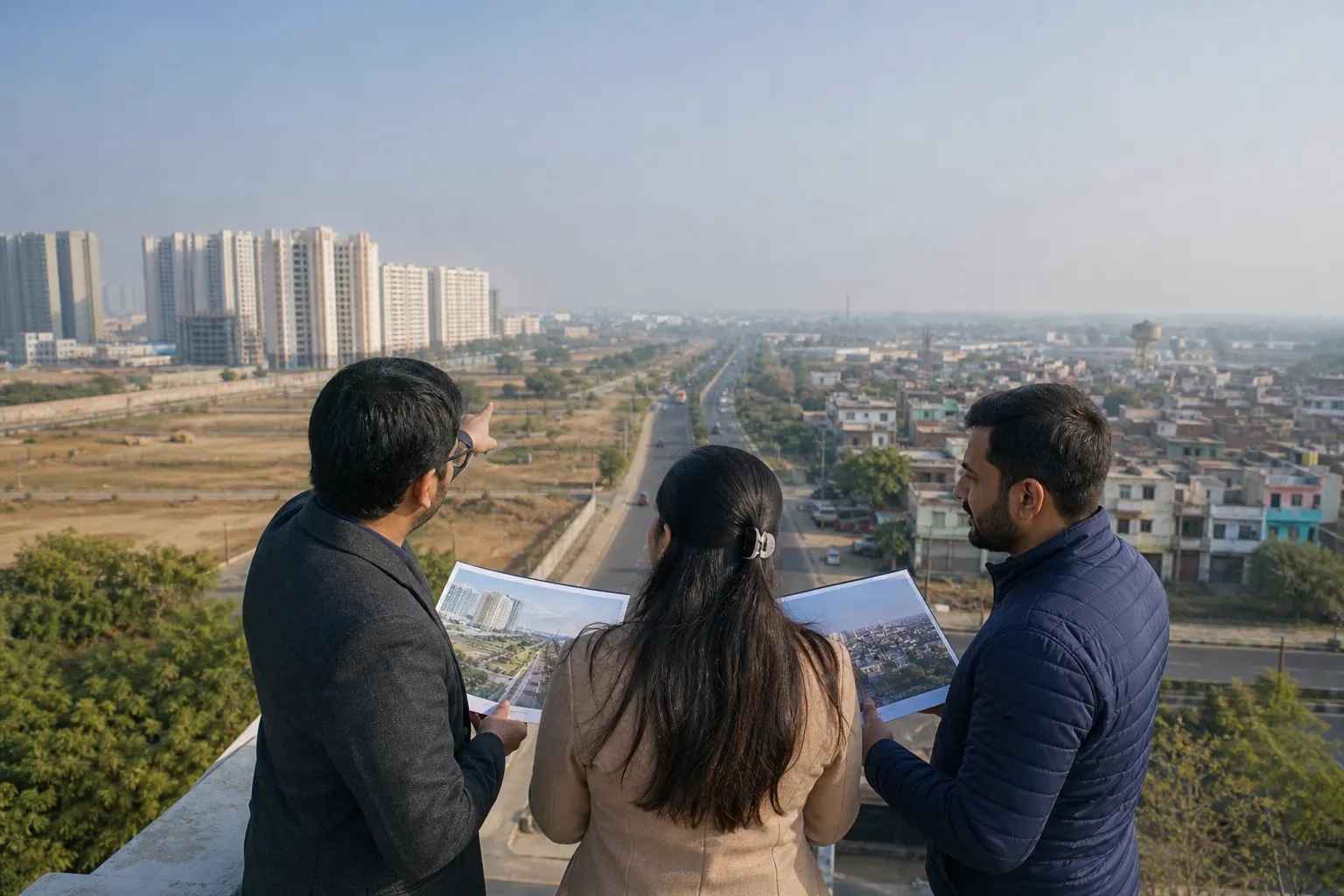 A home-buying couple and adviser looking across a divided road, tall apartment towers and open plots on one side and an established low-rise town on the other, each holding a property photograph