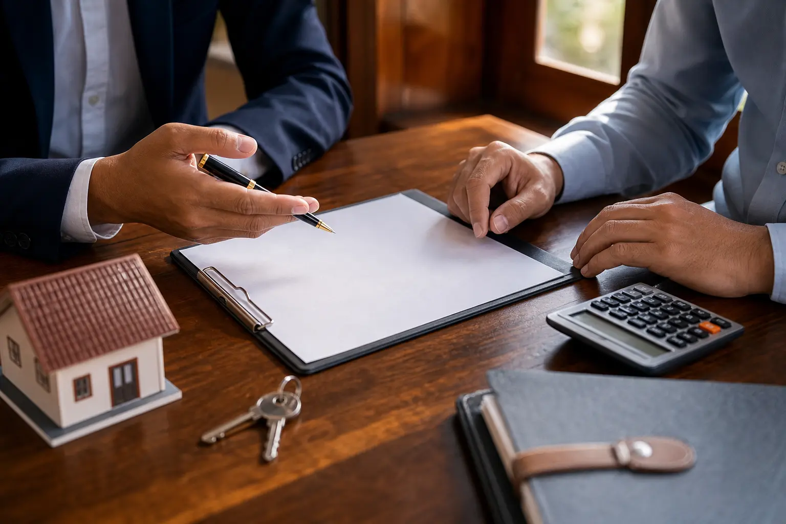 A property dealer and buyer going over brokerage terms in writing in Bhiwadi