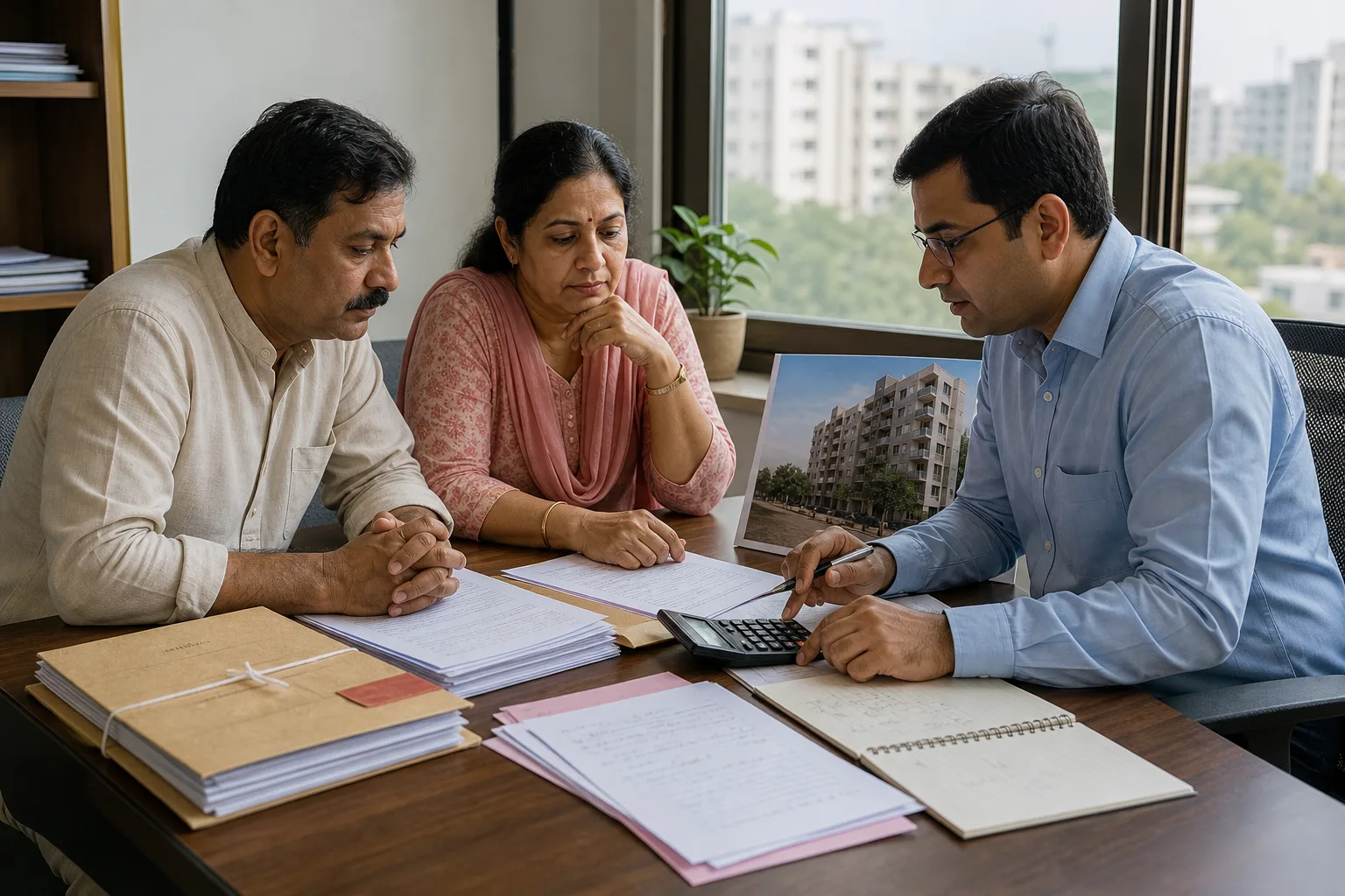 Illustration: an older couple selling a flat going through figures with an advisor at a desk, a calculator and cloth-tied document bundles in front of them and an apartment block on the screen beside