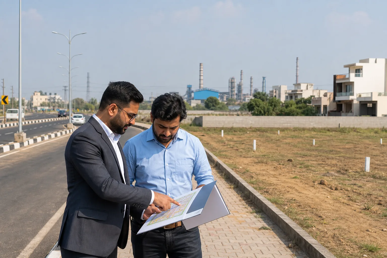 Property advisor and buyer inspecting a plotted site beside a highway in Dharuhera