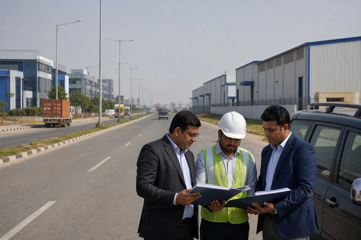 Three industrial buyers beside a parked car comparing files on a divided estate road lined with factories, warehouses and moving goods vehicles