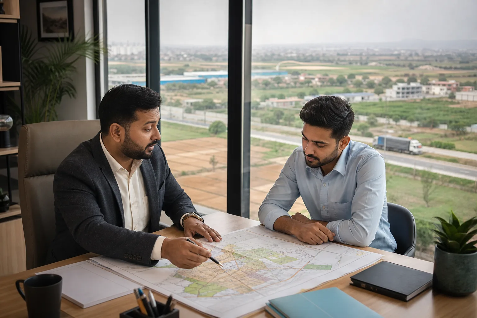 Property advisor and buyer reviewing land-rate areas across the Bhiwadi region