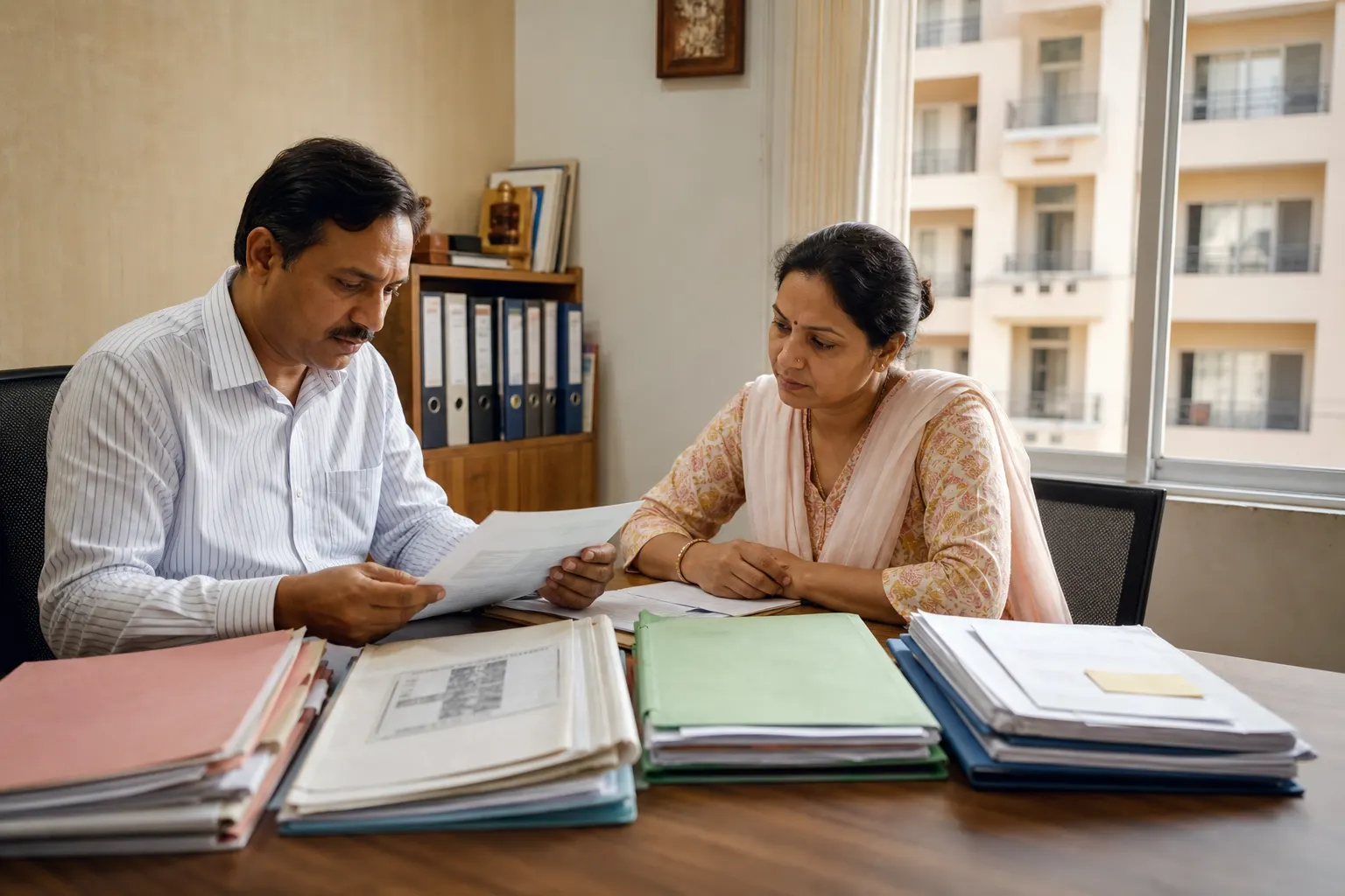 A seller and an adviser reading a document across a desk stacked with colour-coded box files, an apartment block visible through the office window