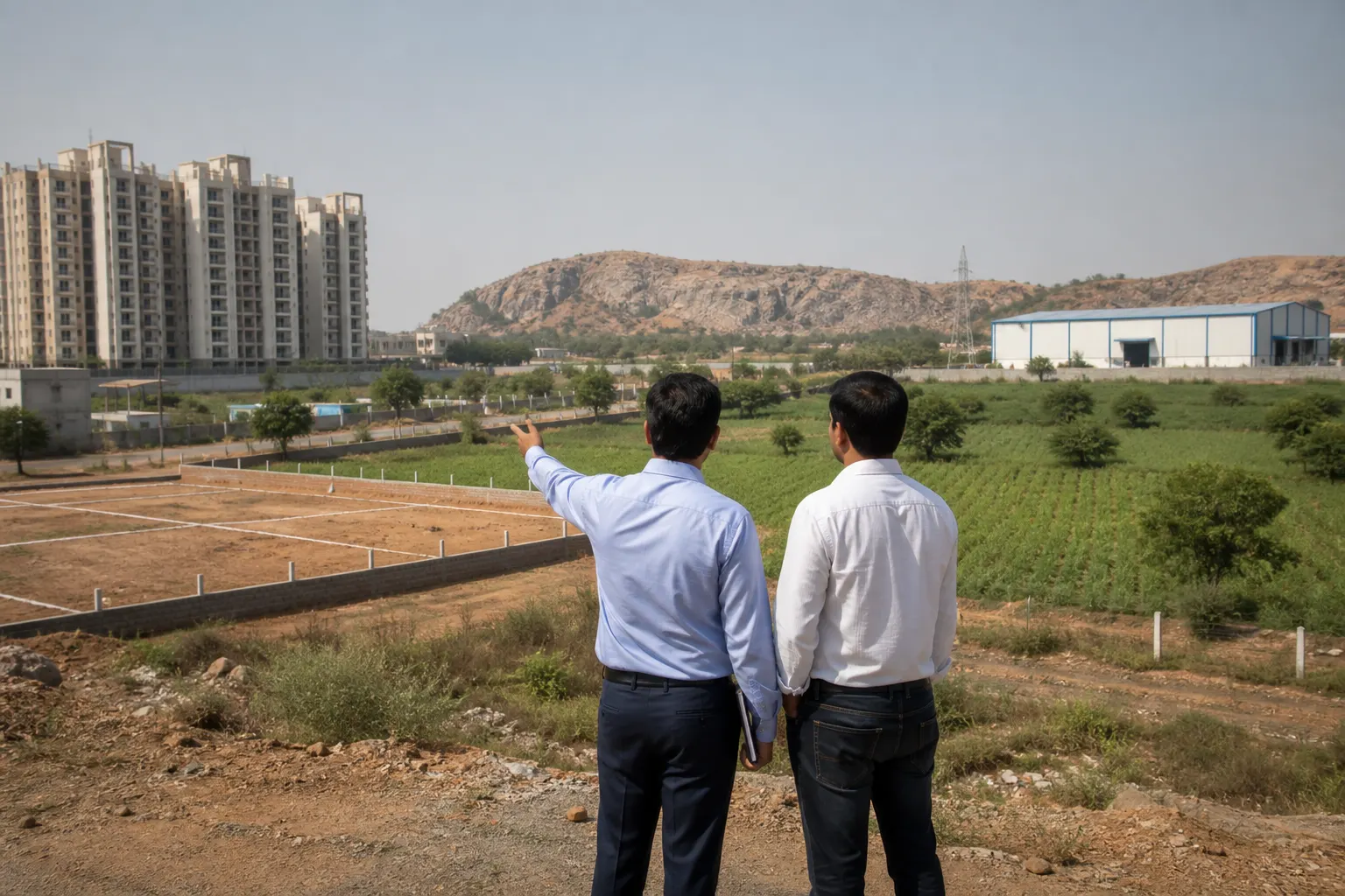 Two men on a rise looking over a plotted layout, apartment towers on one side and farmland and an industrial shed on the other