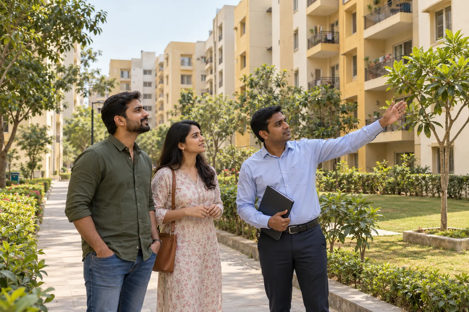 Indian couple and adviser looking at cream apartment blocks beside a landscaped footpath