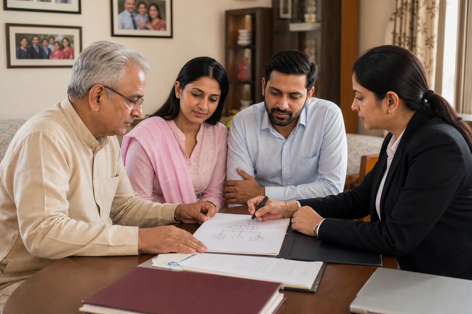 An older father, his adult daughter and son, and a woman advocate around a dining table studying a simple family relationship diagram and property files