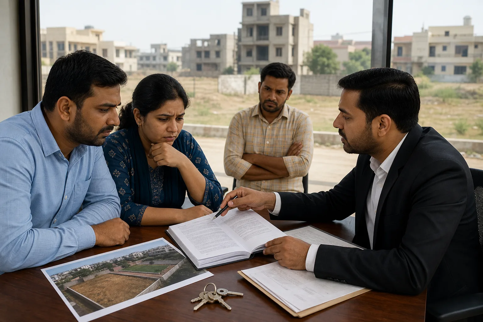 Illustration: a couple and an advocate reading an open law book at a table, a printed plot photograph and a bunch of house keys beside it, half-built houses visible through the window