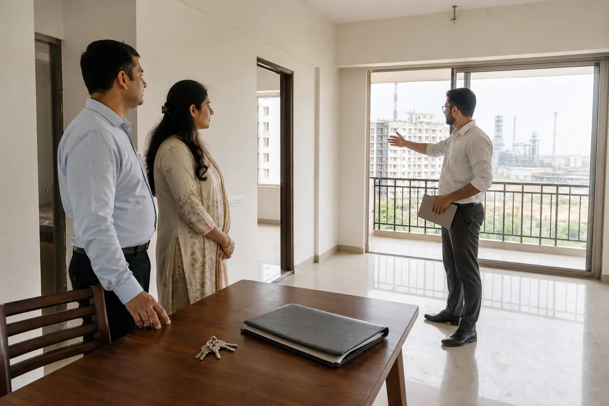 A seller, prospective buyer and property adviser inspecting a ready apartment, with keys and a complete document folder on the table and Bhiwadi apartment blocks and industry visible outside