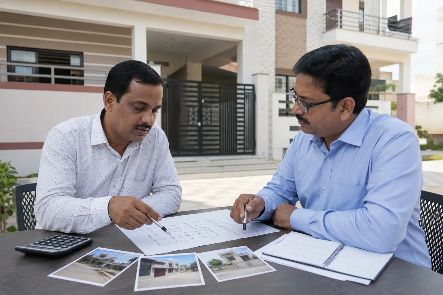 Two men at an outdoor table comparing printed photographs of houses against a floor plan drawing, a calculator and an open notebook beside them, an independent house behind