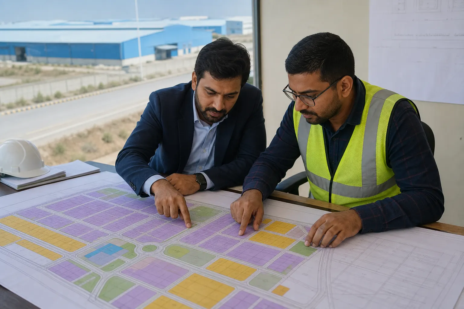 Two men, one in a high-visibility vest, pointing at a coloured industrial layout plan spread across a table, a white hard hat at the table's edge and an industrial shed beyond the window