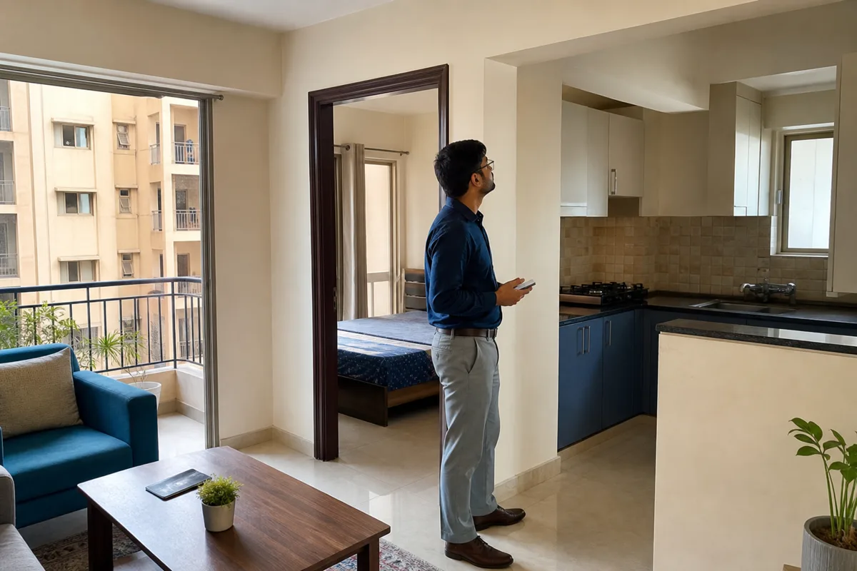A young professional inspecting a compact one-bedroom apartment in Bhiwadi