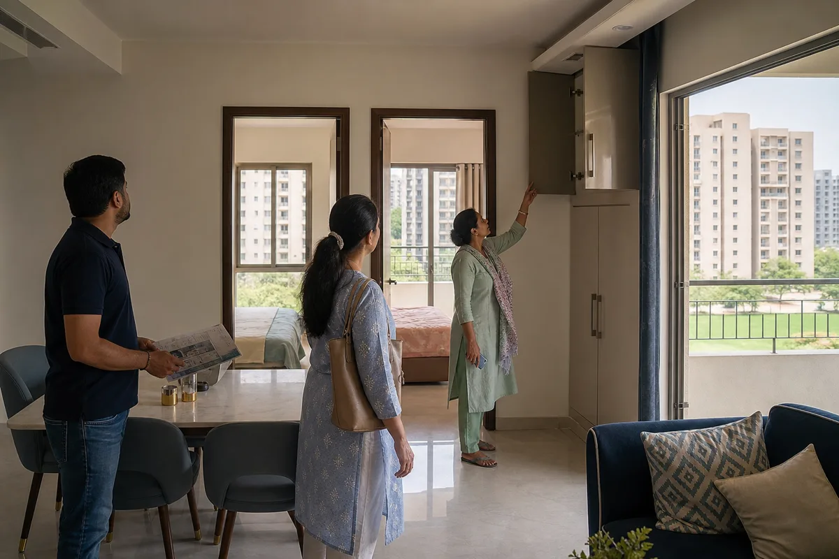 A family inspecting the usable space and storage in a practical two-bedroom Bhiwadi flat