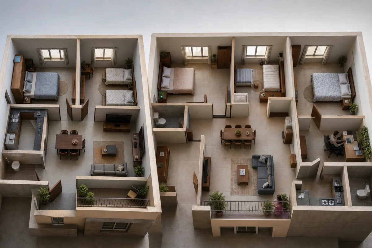 A compact two-bedroom home compared with a larger three-bedroom apartment