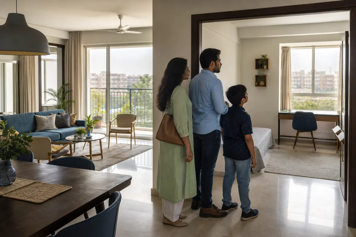 A family assessing the living space, balcony and flexible third room in a Bhiwadi three-bedroom flat