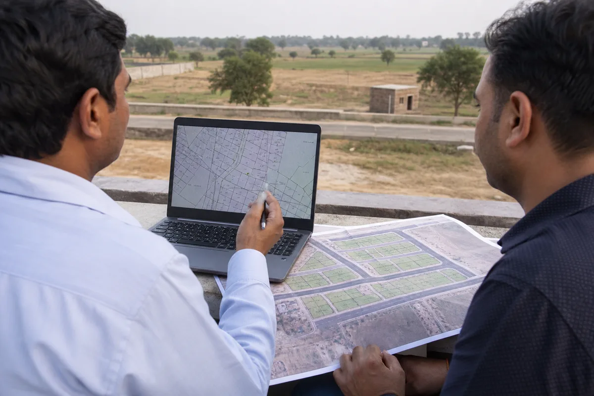 A land buyer reviewing Rajasthan land records, a cadastral map and the physical site