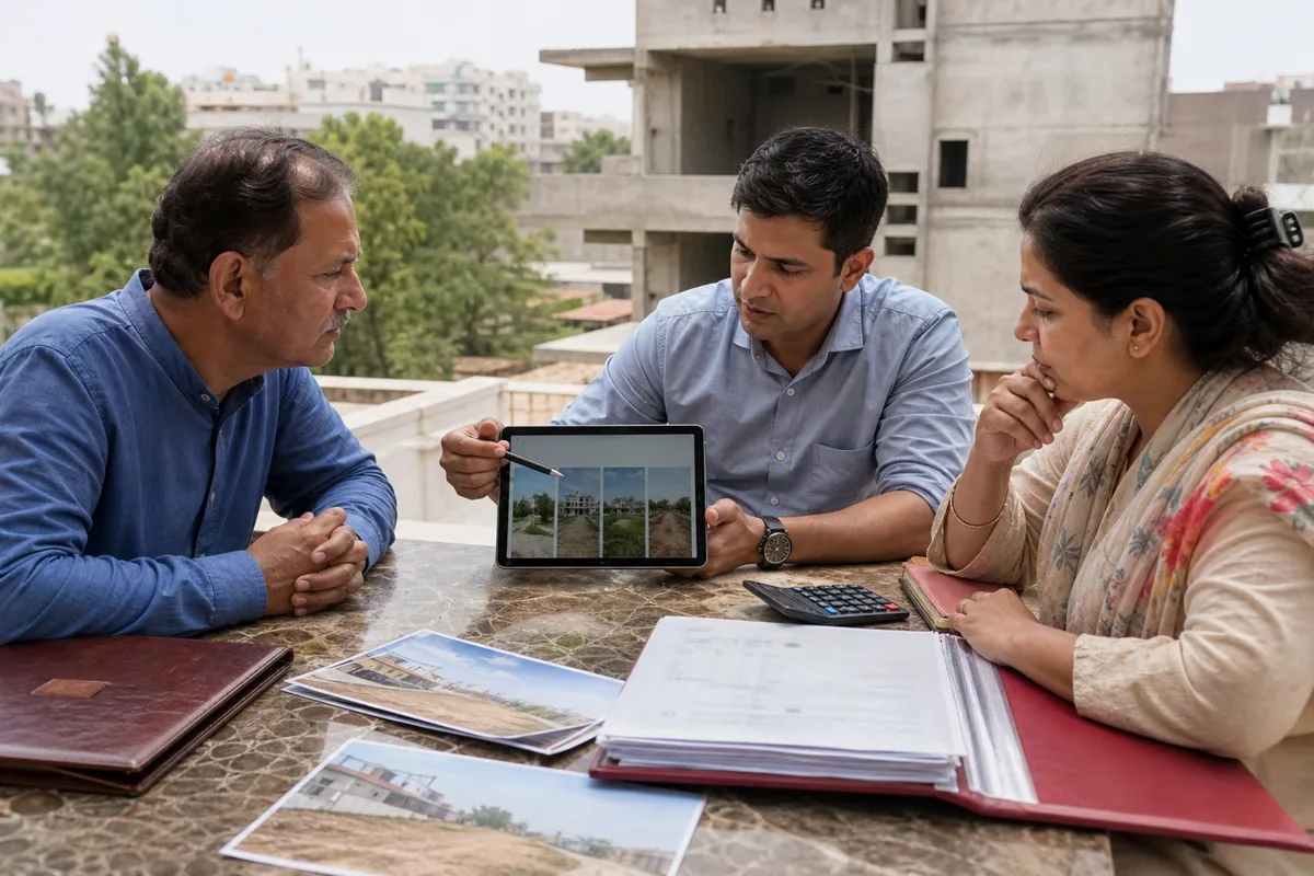 A Bhiwadi buyer, seller and advisor comparing property valuation inputs during price negotiation