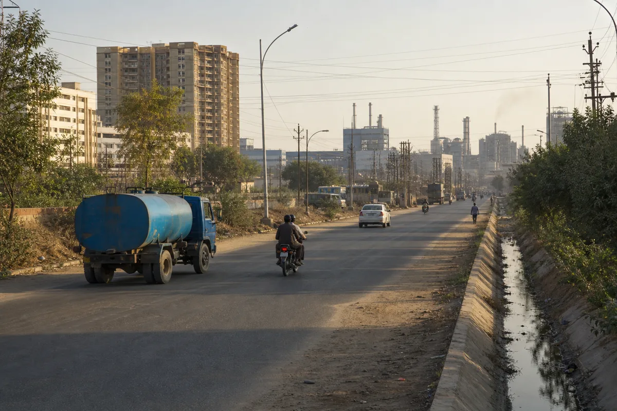 A realistic Bhiwadi road showing drainage, utilities, housing and industrial traffic