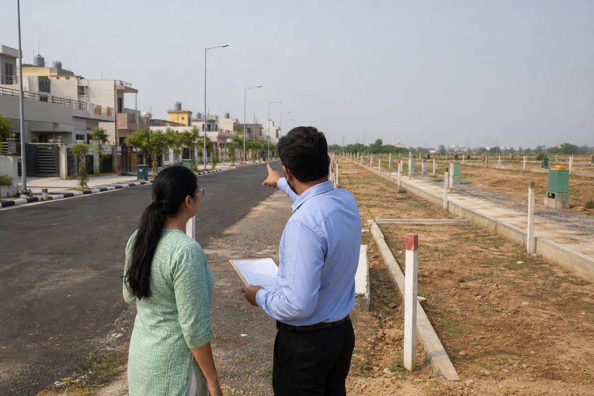 A buyer and an advisor on the internal road of a plotted colony in the Bhiwadi belt, built houses on one side and boundary-marked vacant plots on the other