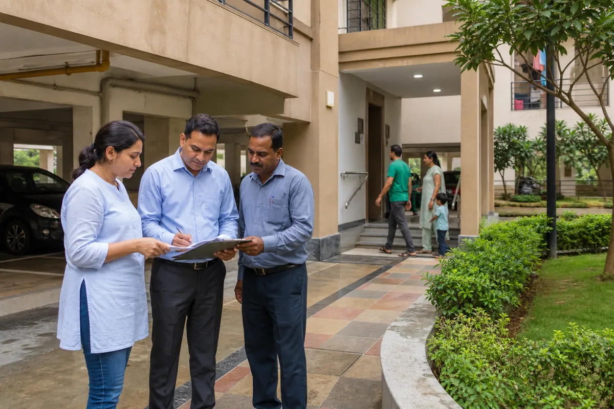 A buyer couple going through a written list with a society representative in the stilt parking area of an occupied Bhiwadi society