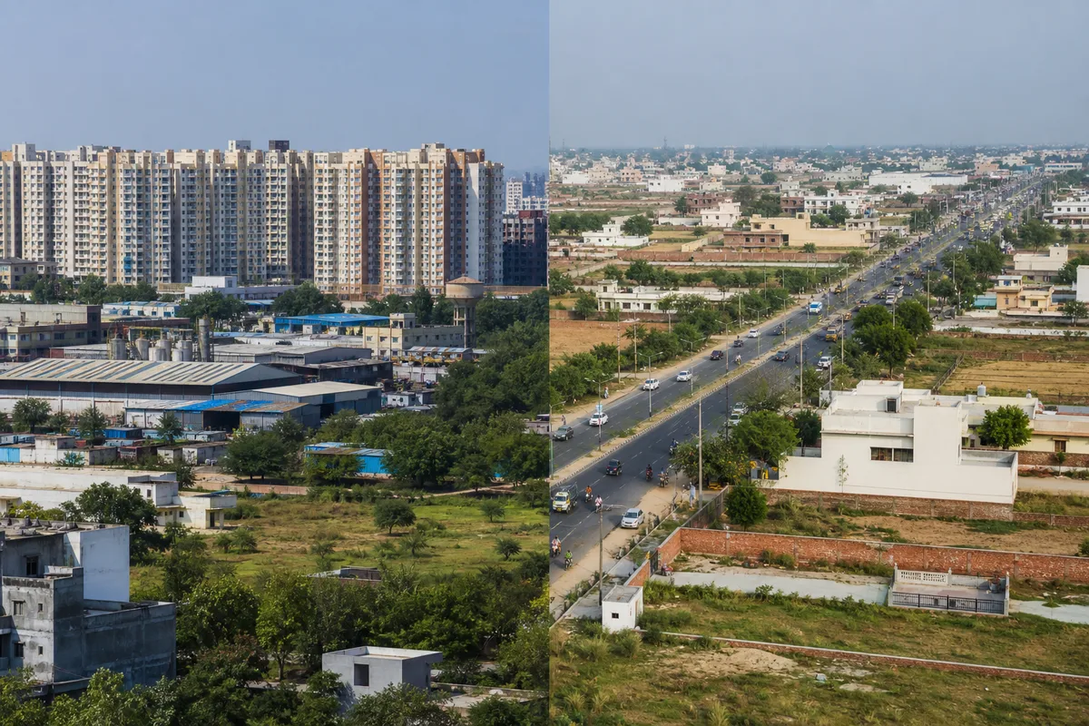 Bhiwadi apartment and industrial development compared with Dharuhera's highway-town housing and commuter traffic
