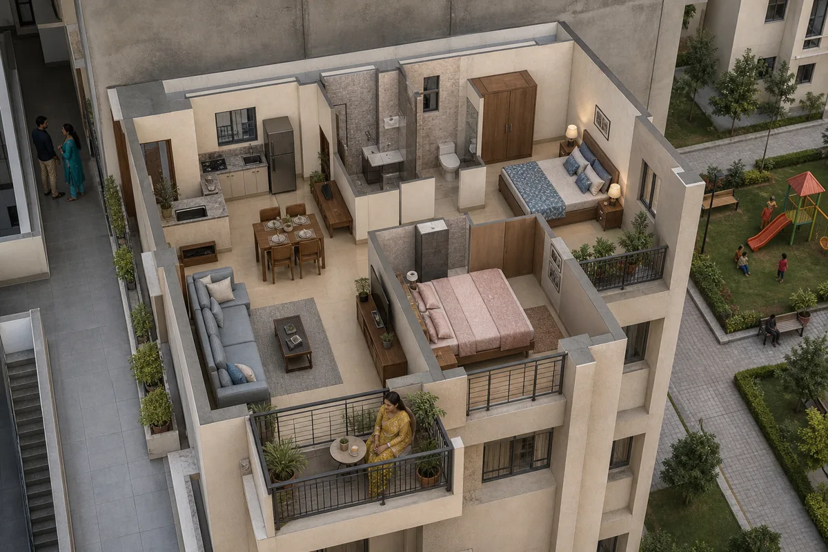 An apartment cutaway showing usable rooms, structural area and shared common spaces