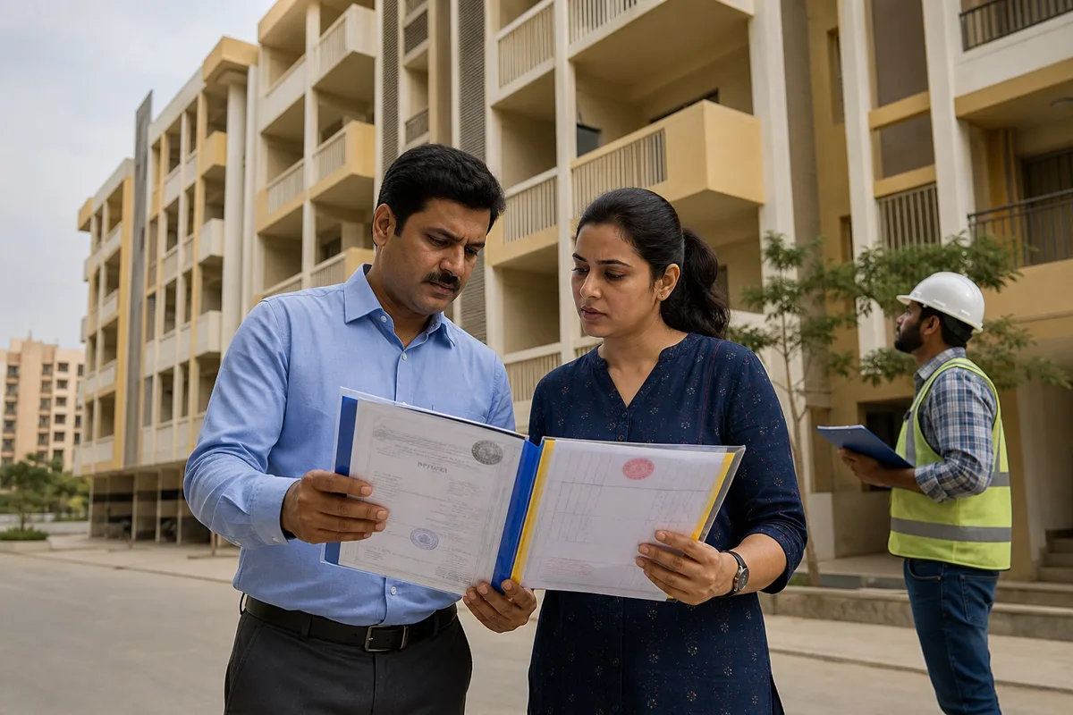A buyer and engineer comparing building completion and occupancy documents beside a completed apartment building