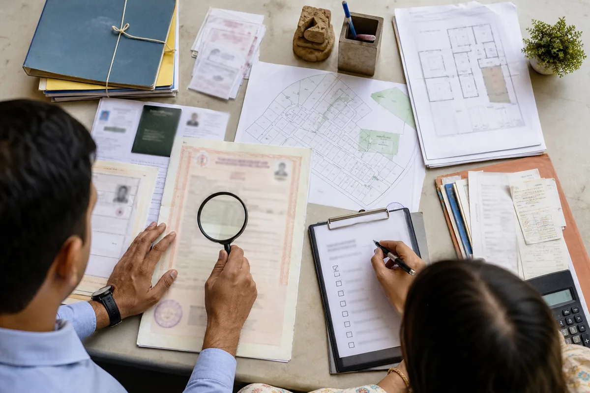 An organized property due-diligence desk with title, approval, identity and dues documents