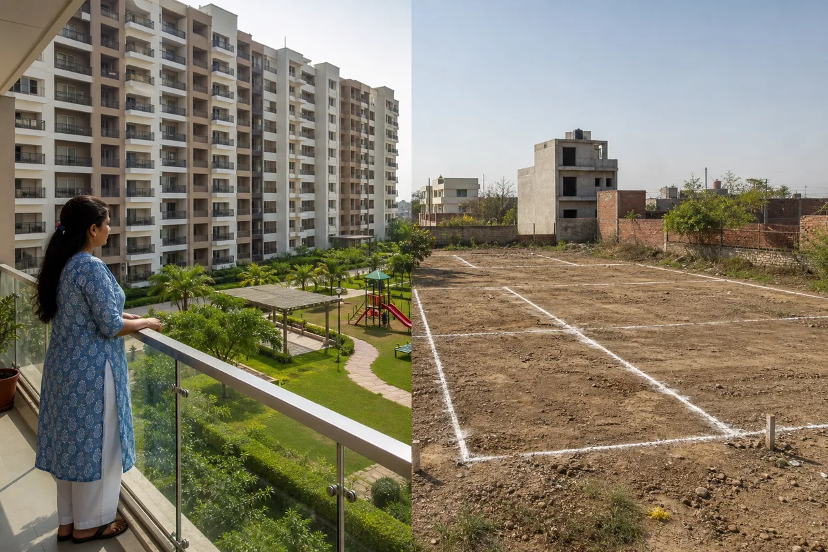 A ready Bhiwadi apartment and a marked residential plot shown as two credible ownership choices