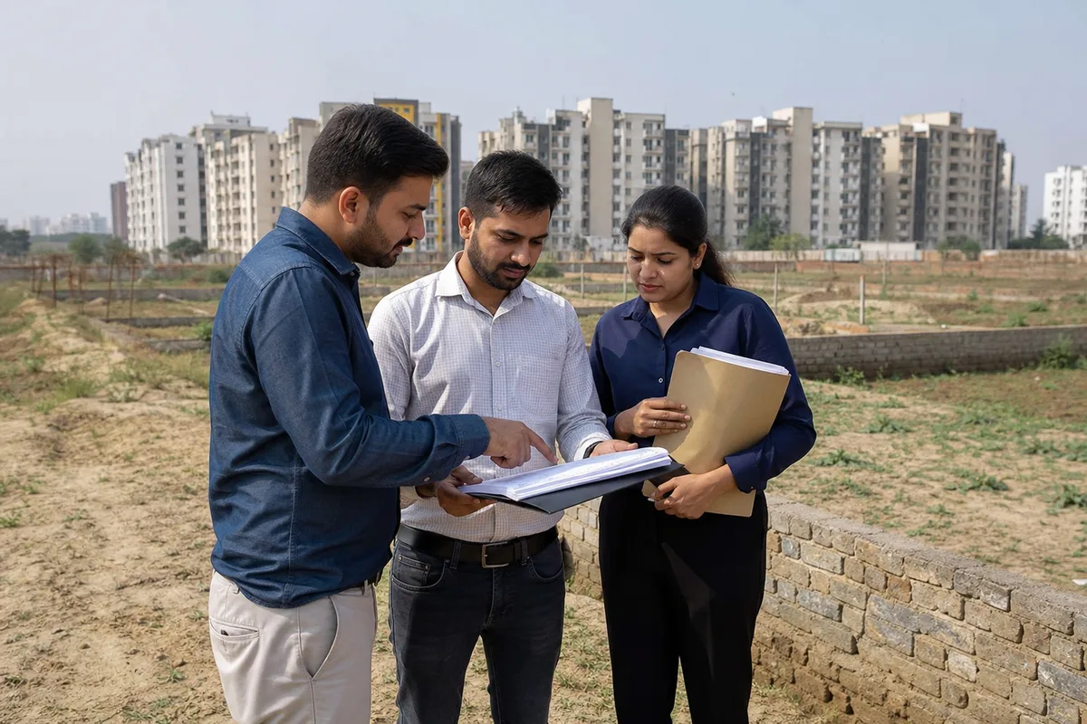 A buyer, advisor and document professional verifying a Bhiwadi property during a site visit
