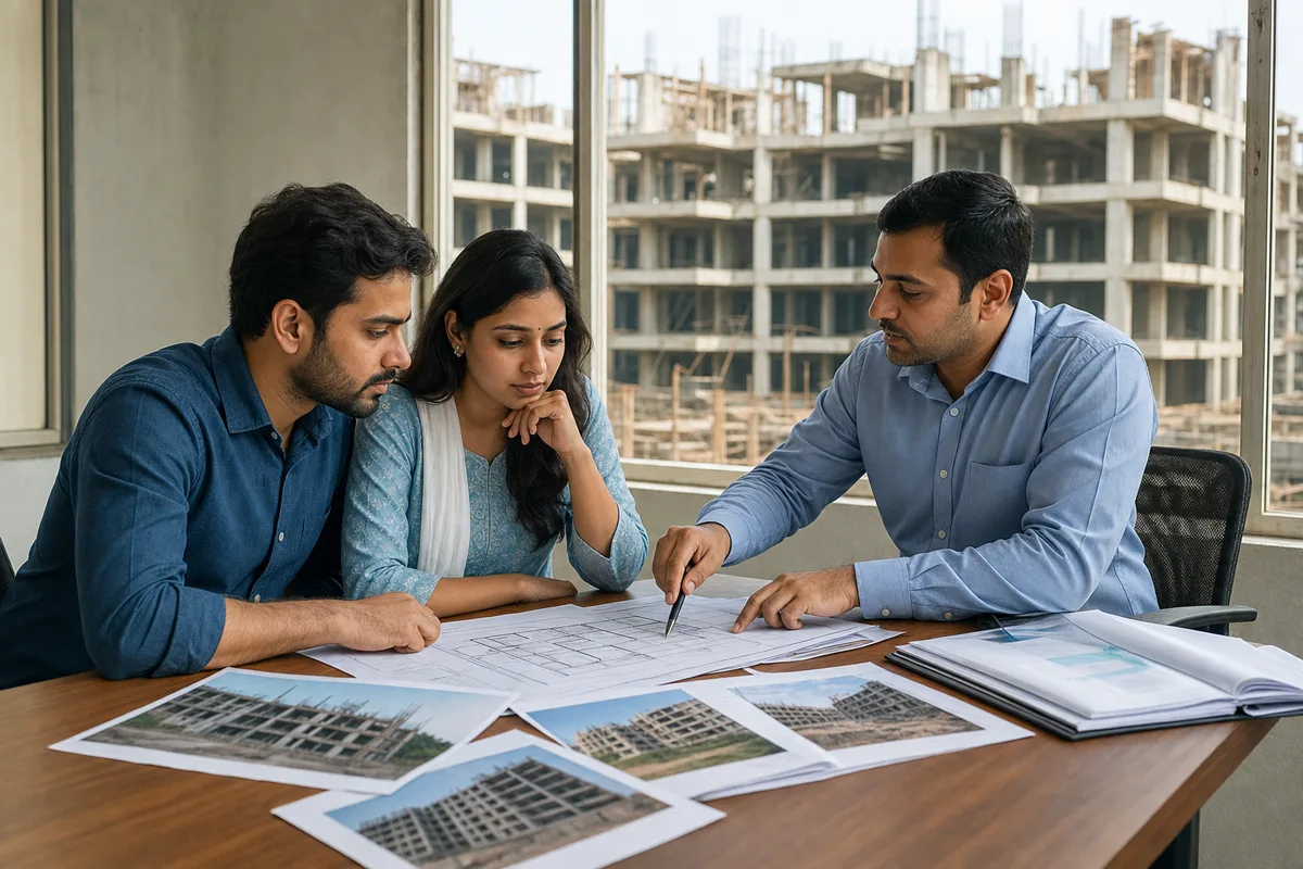 Homebuyers checking project documents and construction progress before booking