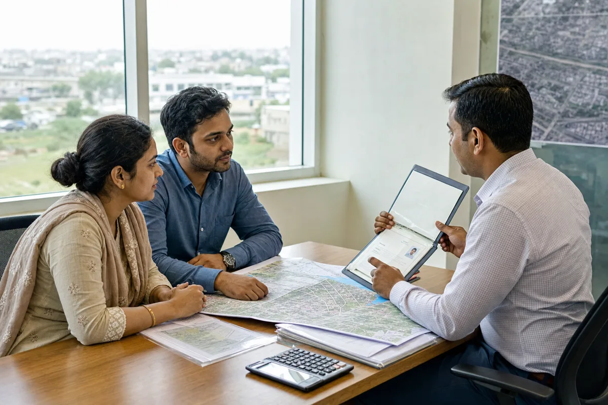 A Bhiwadi property buyer assessing a local dealer through documents, maps and clear answers