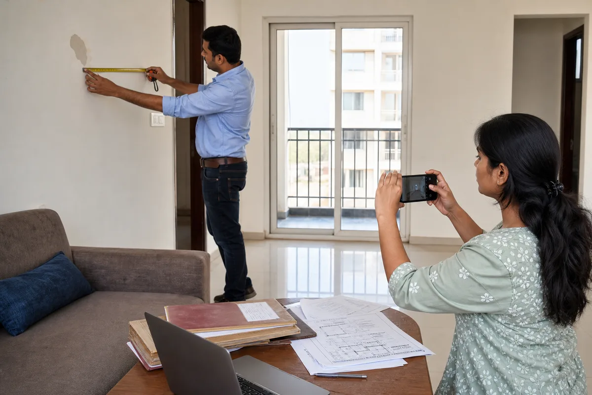 A Bhiwadi homeowner and property professional measuring, photographing and preparing a flat for sale
