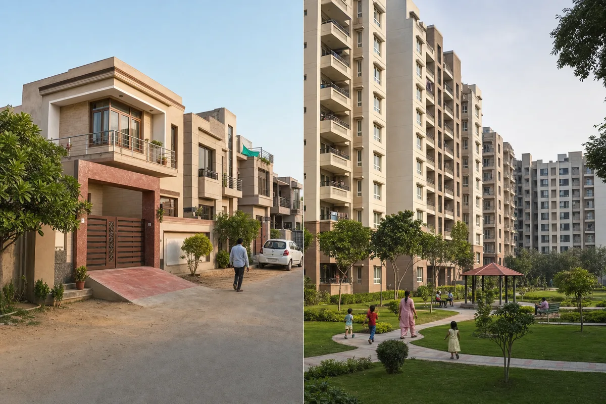 An independent house and an apartment community compared in a typical Bhiwadi residential setting