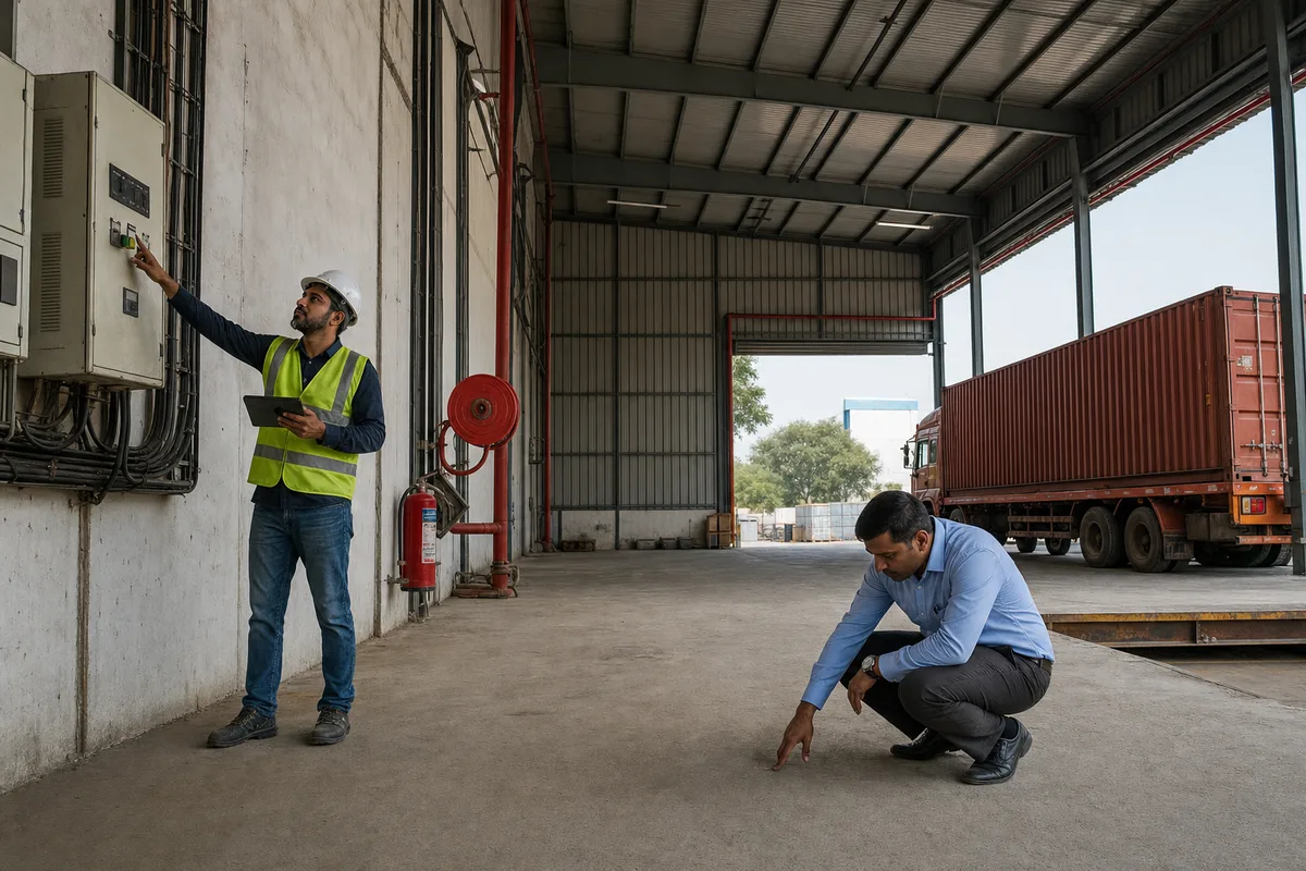 An engineer and buyer inspecting electrical load, roof structure, floor and loading access in a Bhiwadi industrial shed