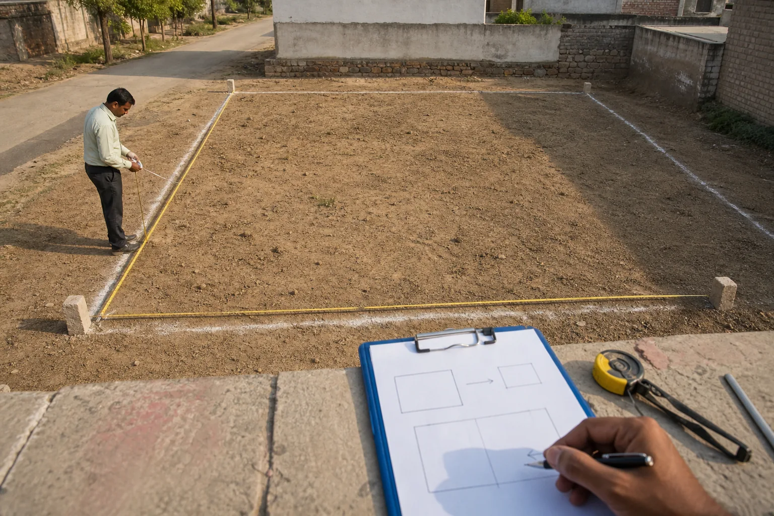 Common Rajasthan land measurement units shown to scale, from gaj and square yard through square metre to bigha, acre and hectare
