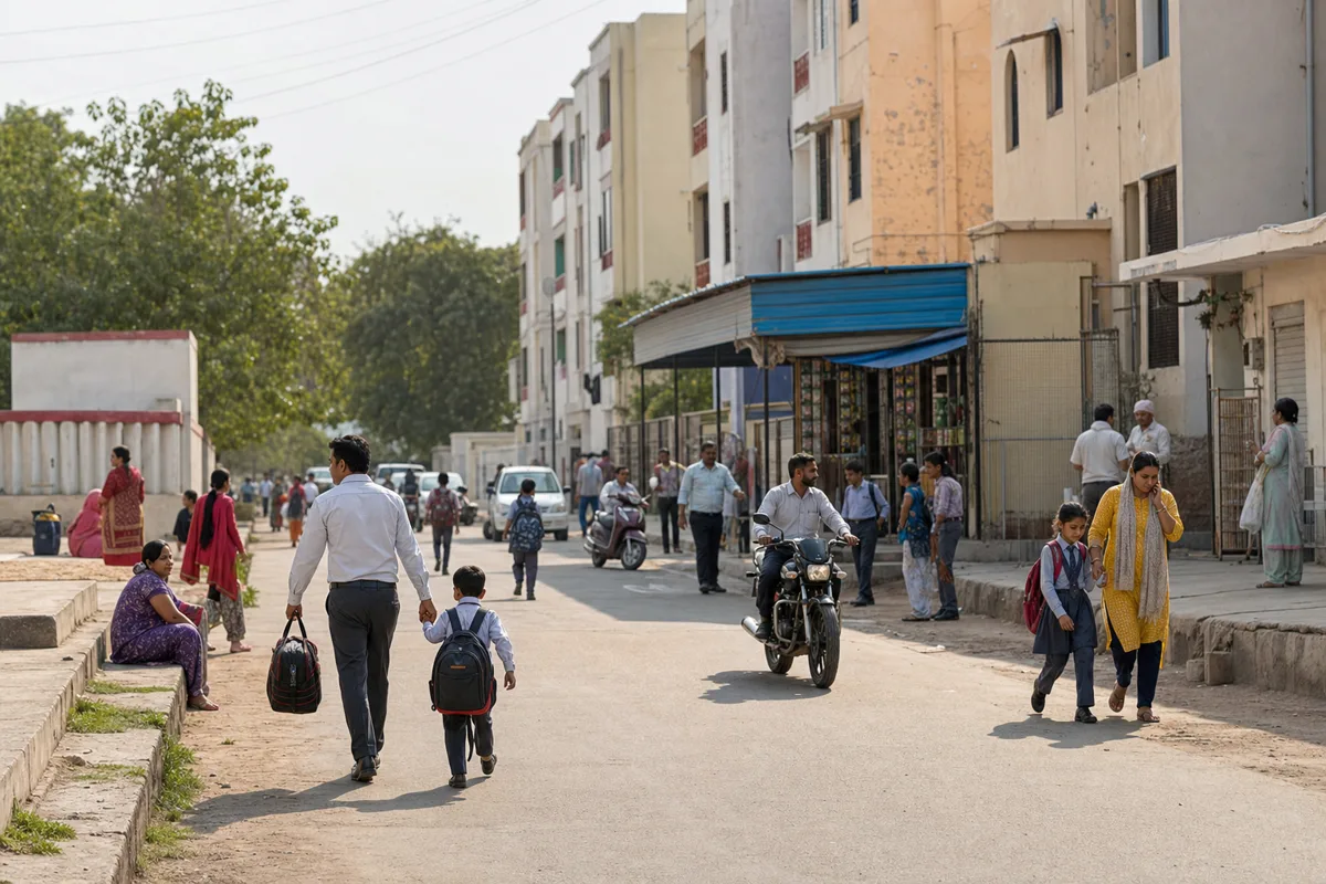 Everyday residential life in Bhiwadi with homes, education, healthcare and local shopping nearby