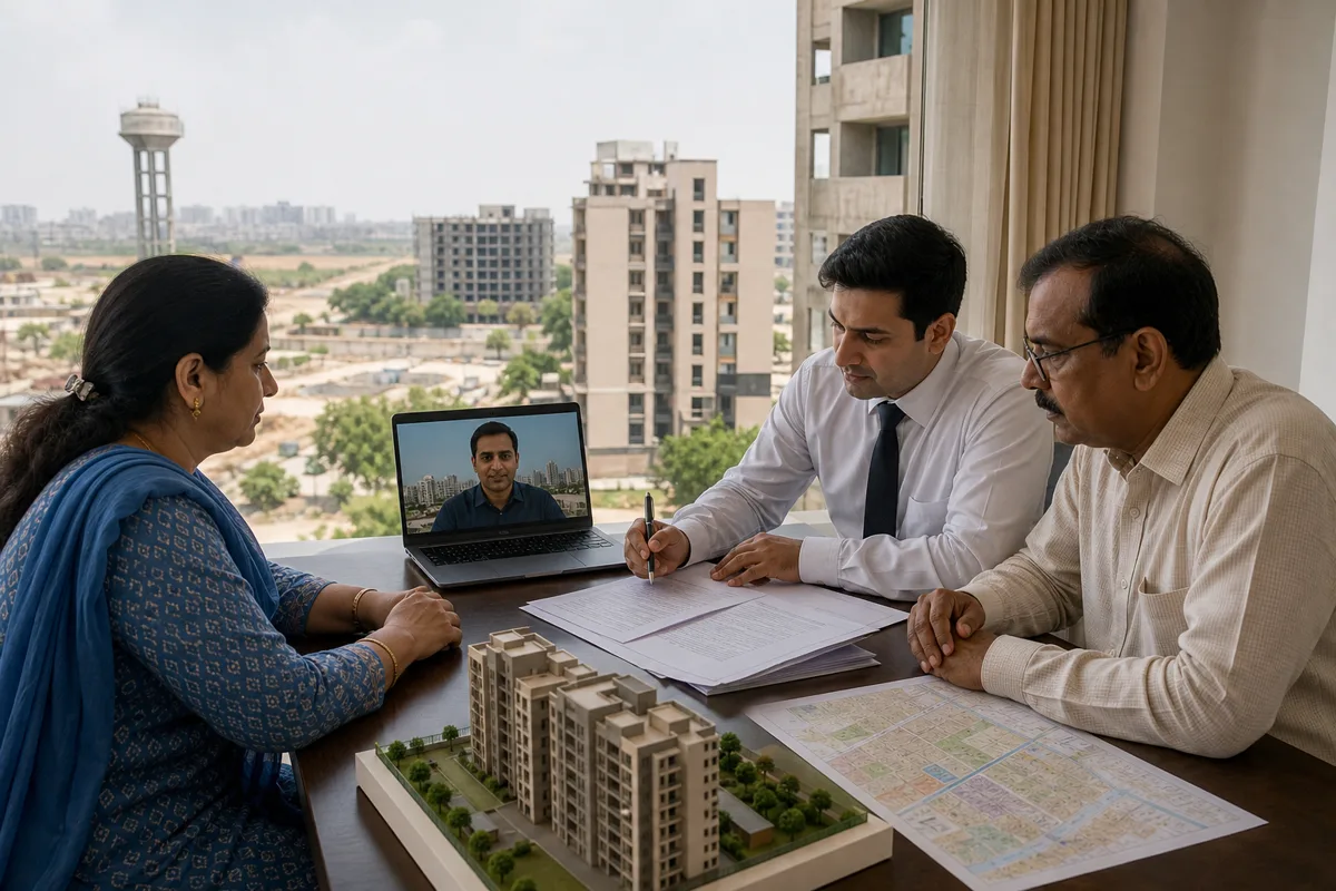 An overseas Indian buyer coordinating property paperwork with a representative and lawyer in Bhiwadi