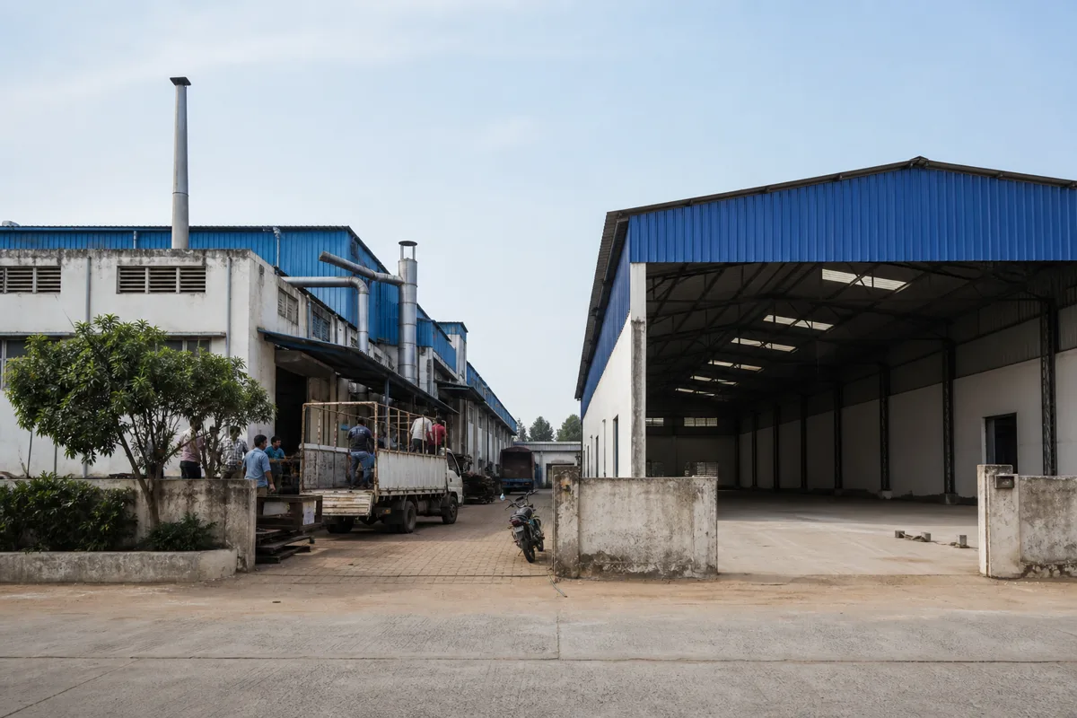 An operating factory compared with an empty industrial shed in the Bhiwadi region