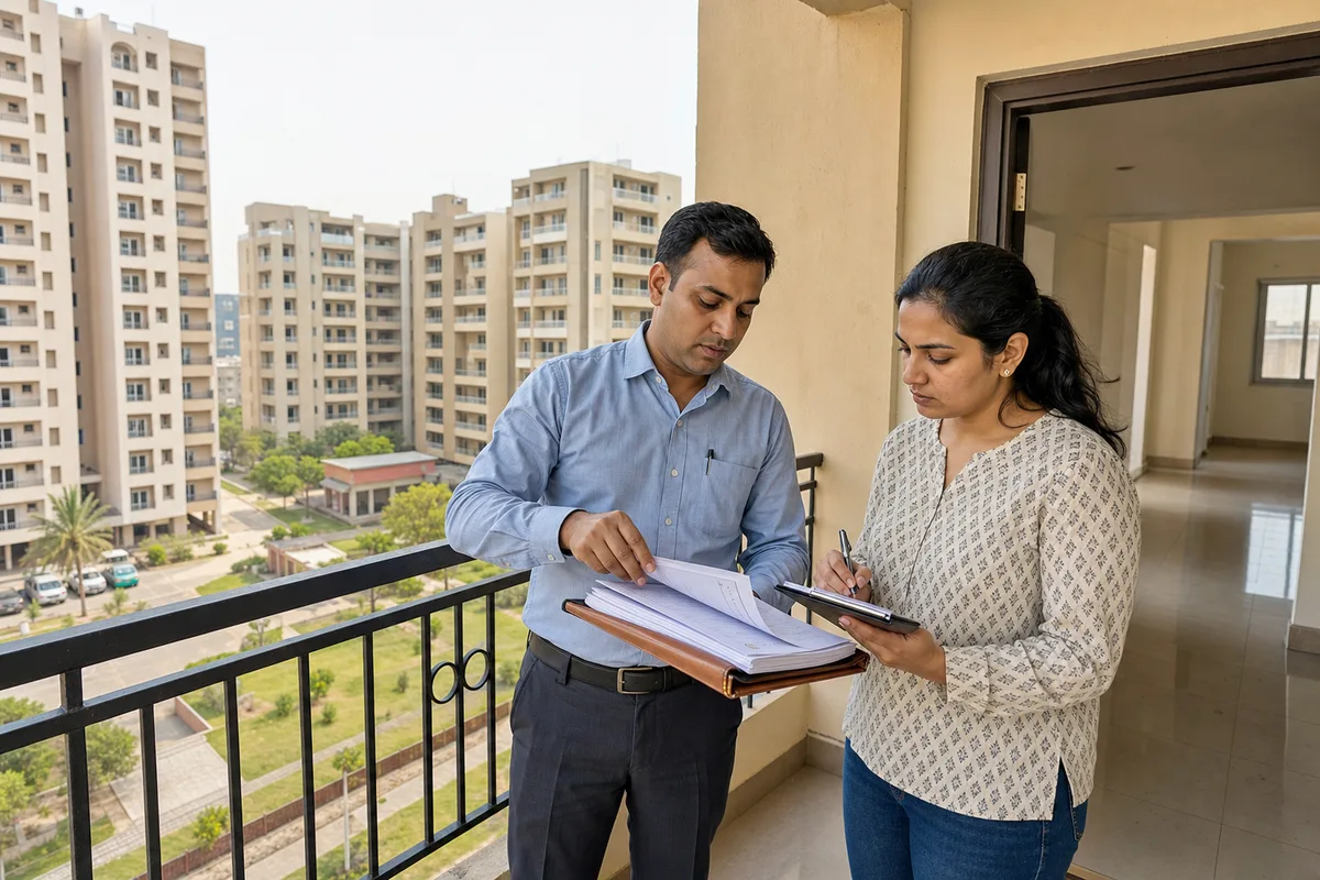 A prepared homebuyer recording answers while reviewing papers during a Bhiwadi site visit