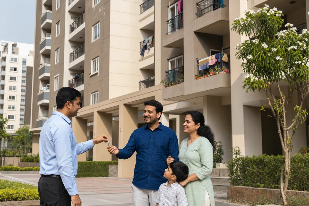A family receiving access to a completed ready-to-move apartment in Bhiwadi