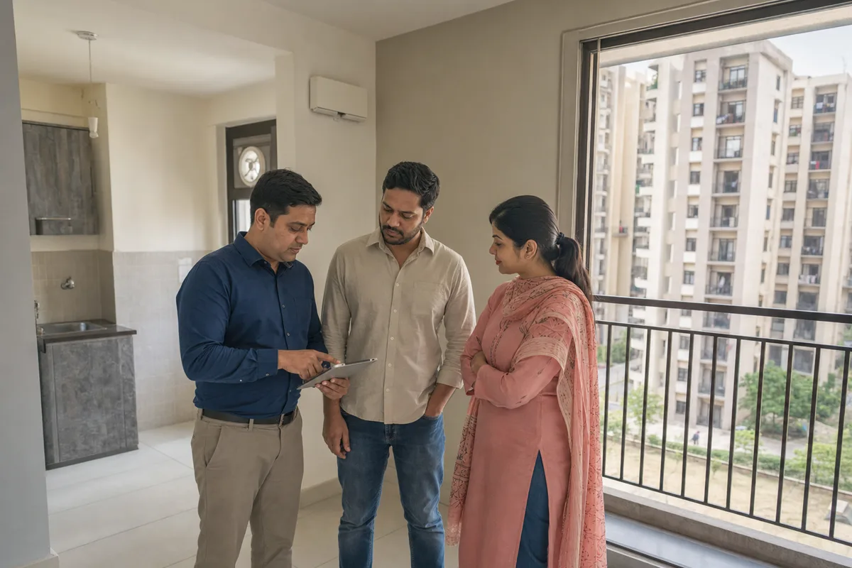 A Bhiwadi flat owner and prospective tenant inspecting a practical rental apartment