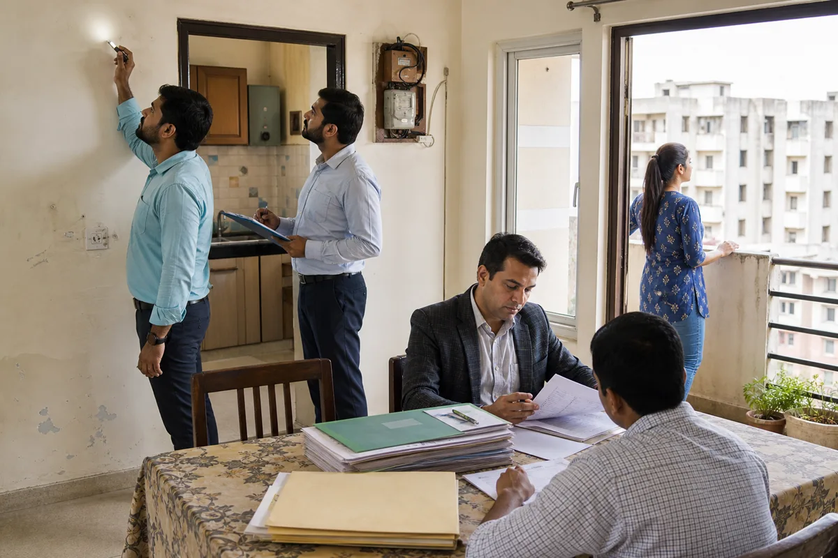 A buyer, technical inspector and legal advisor checking a resale flat and its document chain