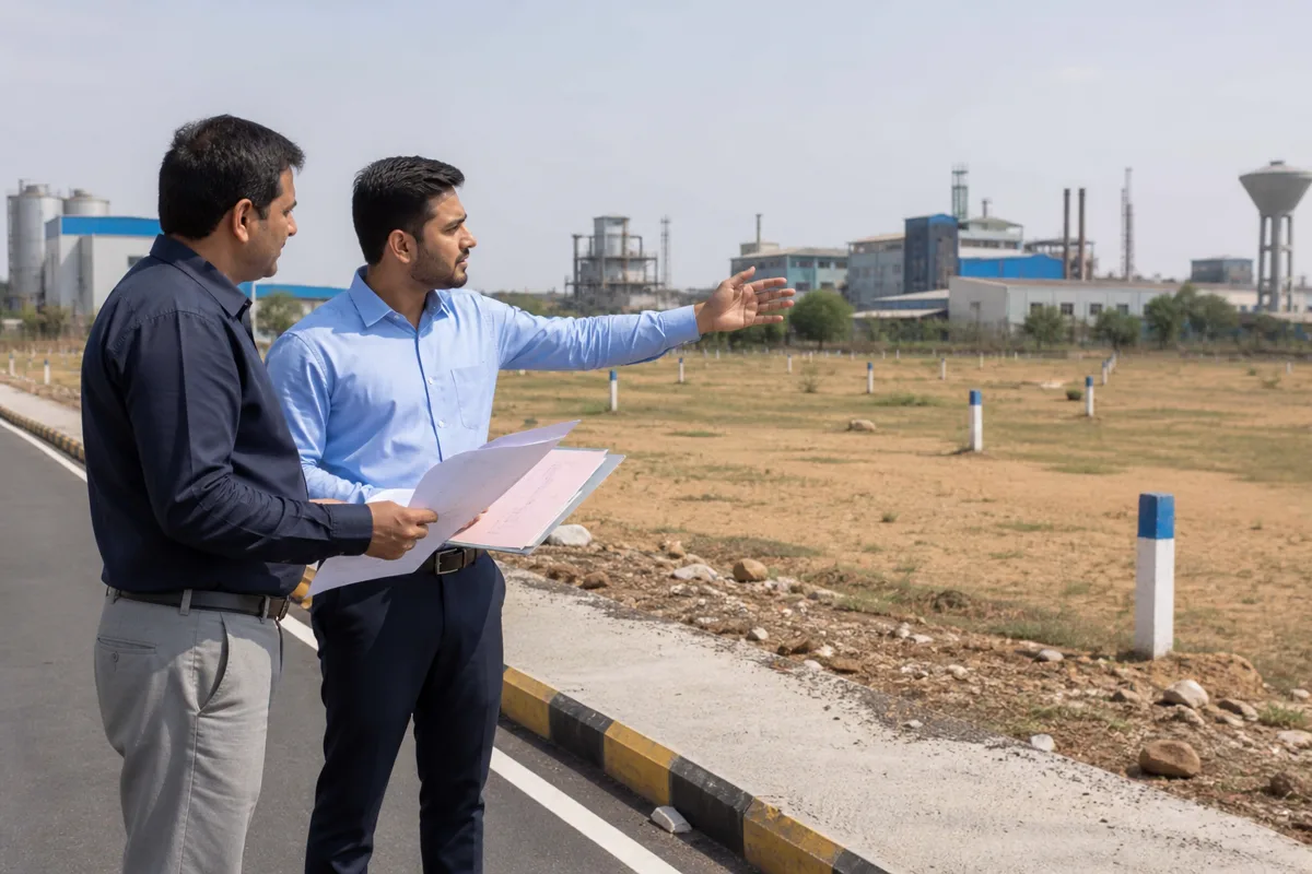 An entrepreneur inspecting a serviced industrial plot and its transfer documents in the Bhiwadi industrial belt