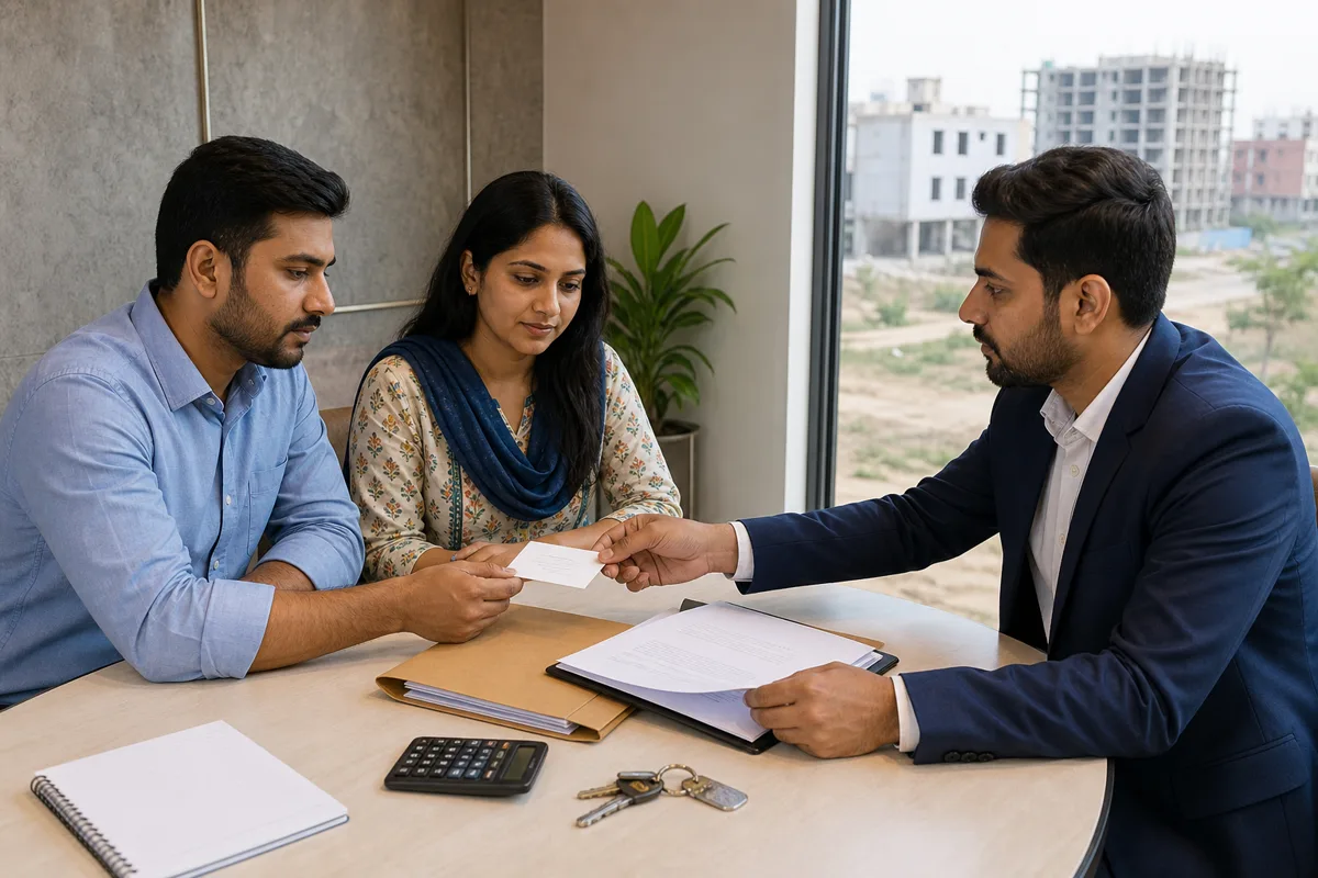 A buyer, seller and property advisor separating token money, booking payment and brokerage during a Bhiwadi transaction