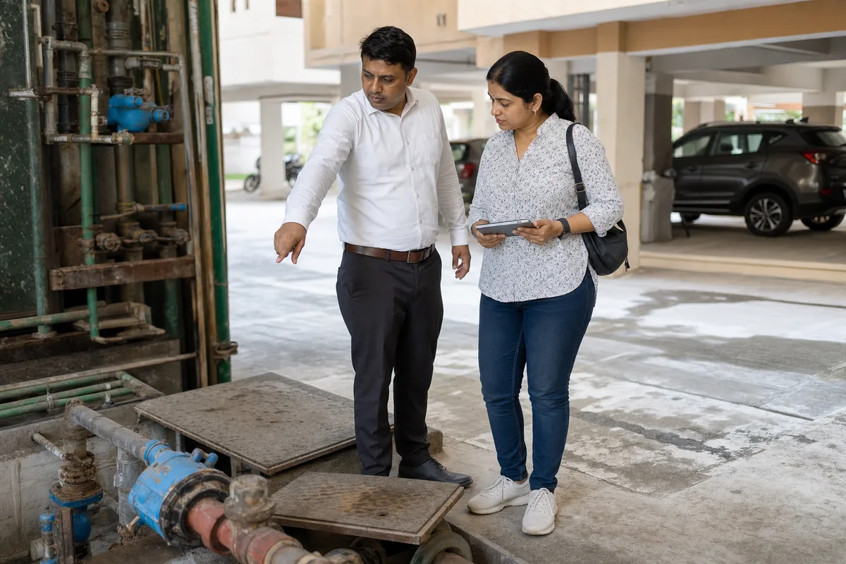 A buyer and facility manager inspecting lift, water, parking and drainage systems in a Bhiwadi housing society