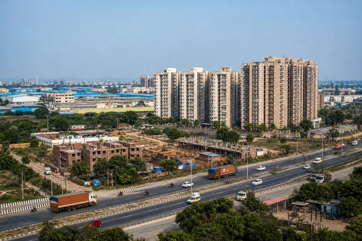 Bhiwadi residential property, active construction, industrial employment and highway access in one realistic panorama