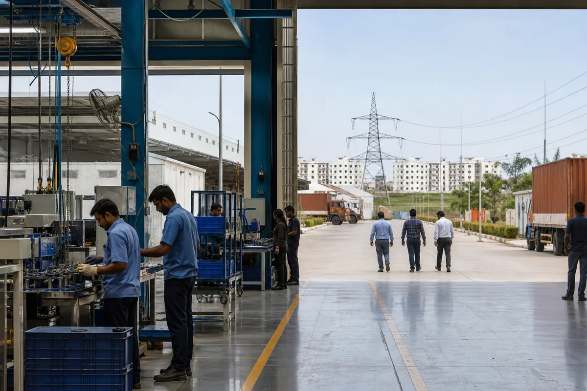 A functioning Bhiwadi factory connected to loading access, utilities and nearby workforce housing