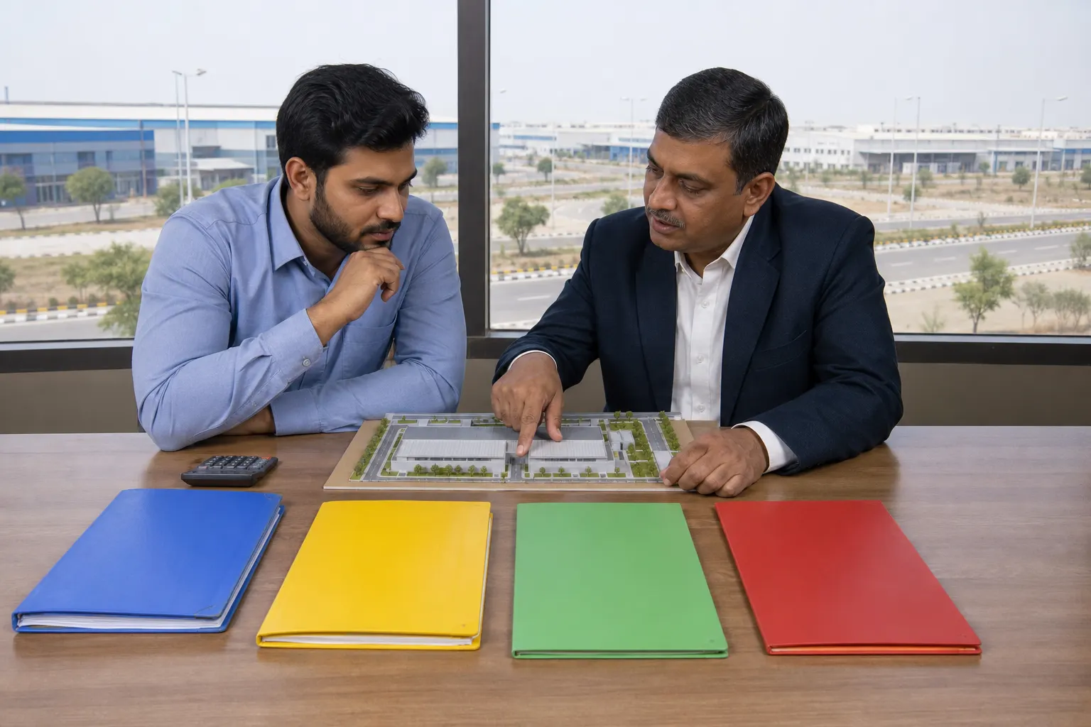 Two men at a table with a scale model of an industrial estate between them and four coloured folders laid out in front, factory sheds through the window